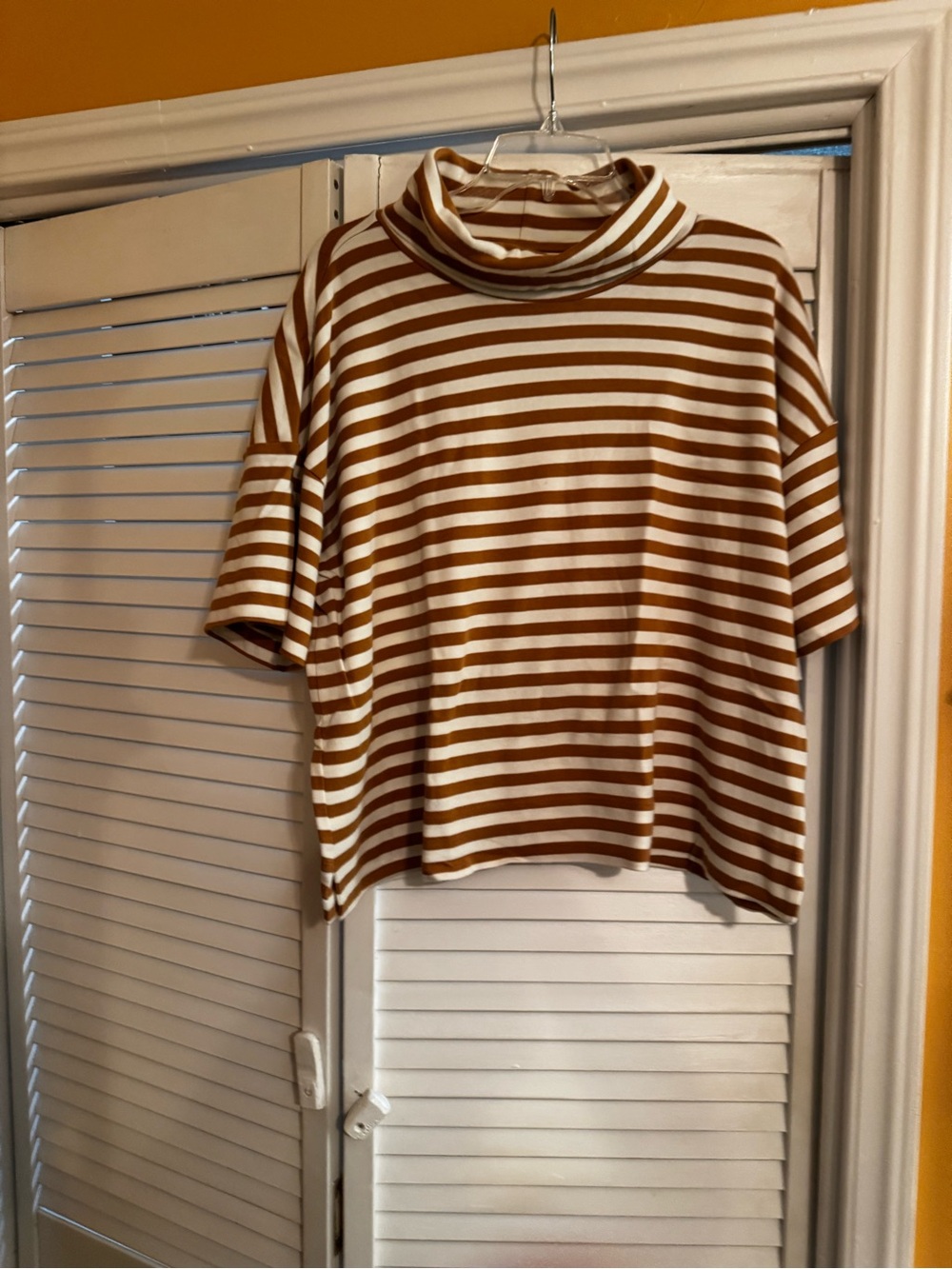 Lands' End Brown and White Striped Turtleneck Short Sleeve Top